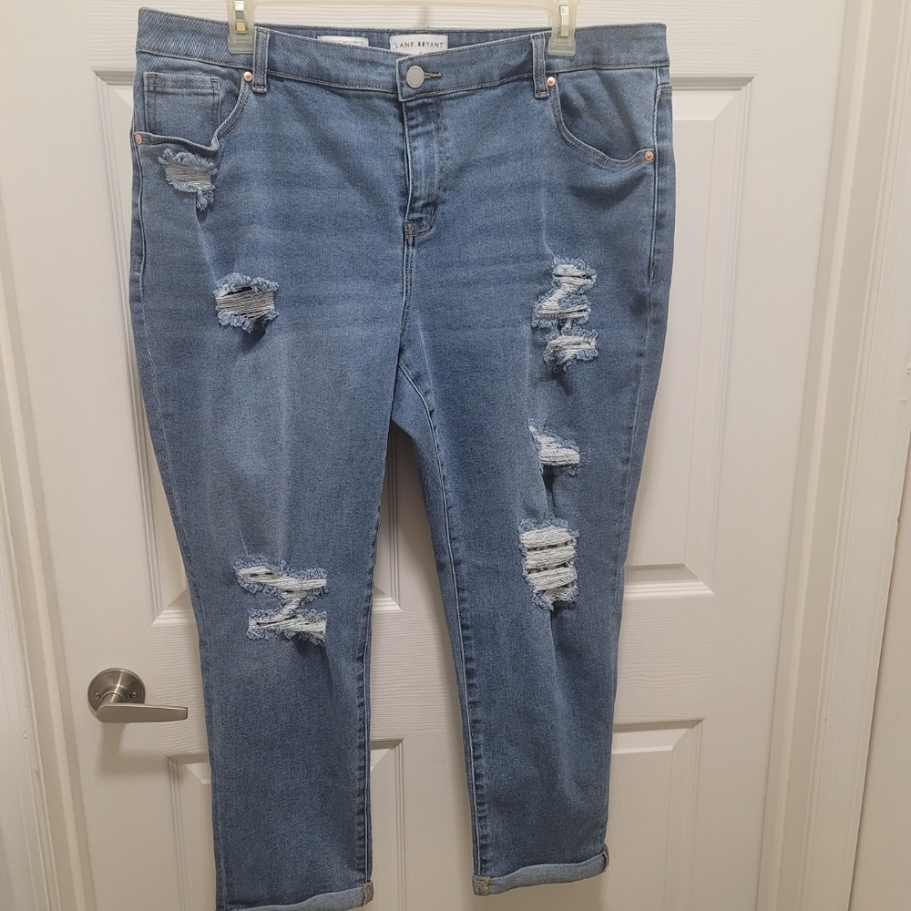 Lane Bryant Light Blue Distressed Cuffed Ankle Jeans With Black/white In Rips 18